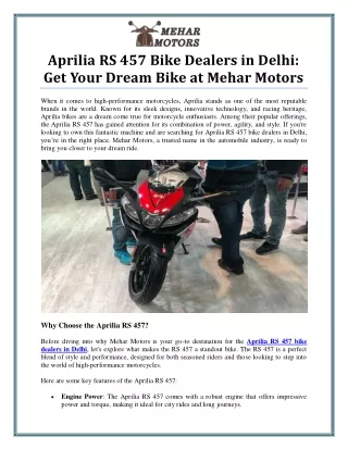 Aprilia RS 457 Bike Dealers in Delhi for a Thrilling Ride