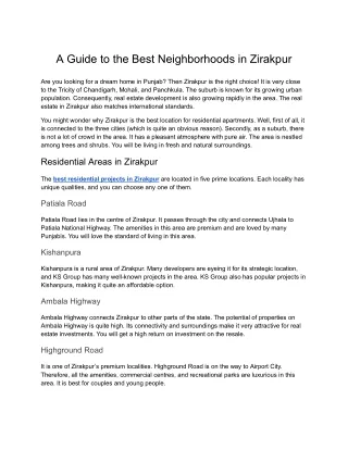 KS Group- A Guide to the Best Neighborhoods in Zirakpur