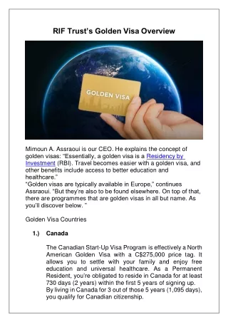 Golden Visa Overview with RIF Trust: Your Gateway to Global Residency and Citize