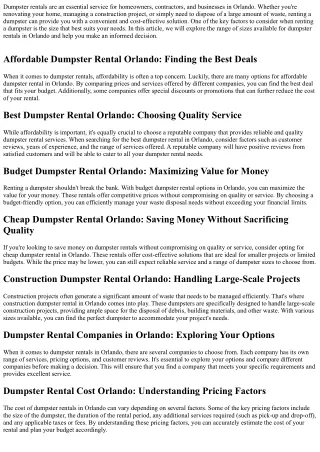 The Range of Sizes Available for Dumpster Rentals in Orlando