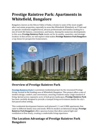 Prestige Raintree Park | Apartments For Sale in Bangalore