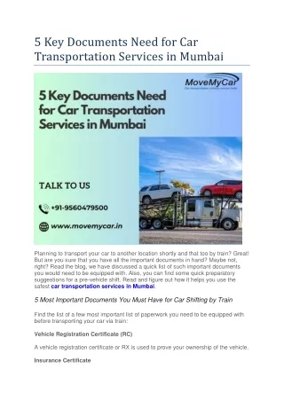 5 Key Documents Need for Car Transportation Services in Mumbai