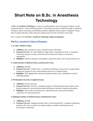 Short Note on B.Sc. in Anesthesia Technology