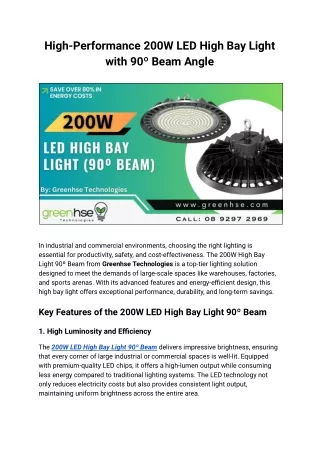 High-Performance 200W LED High Bay Light with 90º Beam Angle