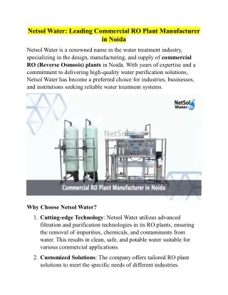 Netsol Water-Commerciall RO Plant Manufacturer In Noida