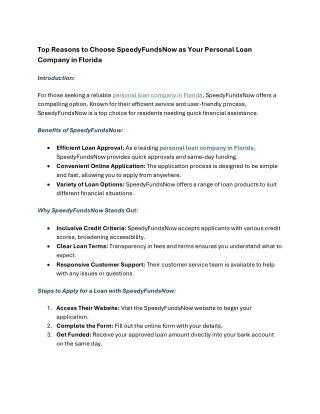 Top Reasons to Choose SpeedyFundsNow as Your Personal Loan Company in Florida