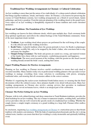 Traditional Iyer Wedding Arrangements in Chennai: A Cultural Celebration