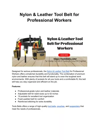 Nylon & Leather Tool Belt for Professional Workers