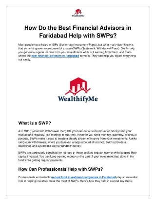 How Do the Best Financial Advisors in Faridabad Help with SWPs