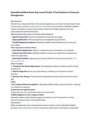 SpeedyFundsNow Same Day Loans Florida A Fast Solution to Financia Emergencies