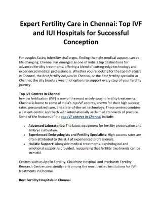 Expert Fertility Care in Chennai Top IVF and IUI Hospitals for Successful Conception