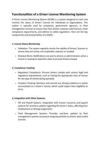 Functionalities of a Driver License Monitoring System