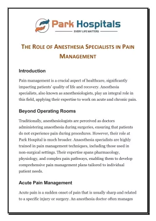 The Role of Anesthesia Specialists in Pain Management