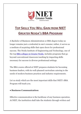 Top Skills You Will Gain from NIET Greater Noidas BBA Program