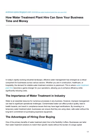 How Water Treatment Plant Hire Can Save Your Business Time and Money