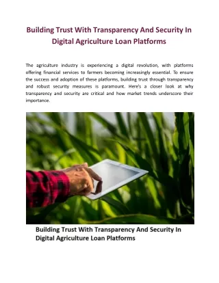 Building Trust With Transparency & Security In Digital Agriculture Loan Platform