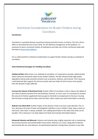 Nutritional Considerations for Broiler Chickens during Coccidiosis