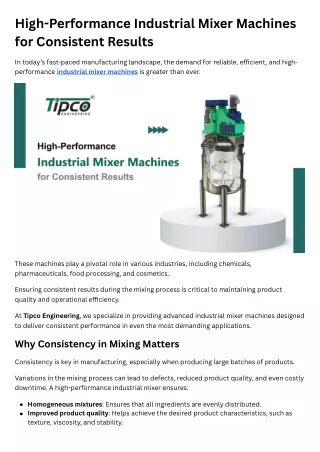 High-Performance Industrial Mixer Machines for Consistent Results