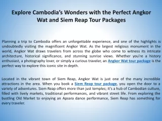 Explore Cambodia’s Wonders with the Perfect Angkor Wat and Siem Reap Tour Packages