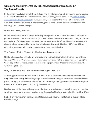 Unlocking the Power of Utility Tokens A Comprehensive Guide by TopCryptoPresale