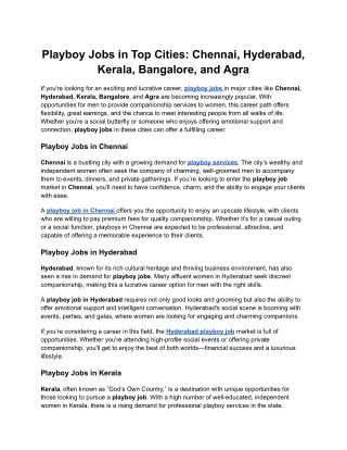 Playboy Jobs in Top Cities: Chennai, Hyderabad, Kerala, Bangalore, and Agra