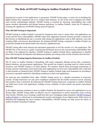 The Role of OWASP Testing in Andhra Pradesh’s IT Sector
