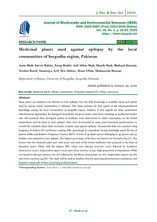 Medicinal plants used against epilepsy by the local communities of Sargodha