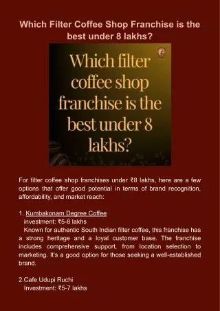 Which filter coffee shop franchise is the best under 8 lakhs