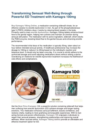 Transforming Sensual Well-Being through Powerful ED Treatment with Kamagra 100mg