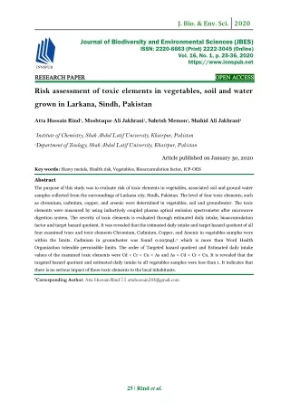 Risk assessment of toxic elements in vegetables, soil and water grown in Larkana