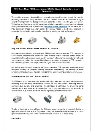 With Screw Mount PCB Connectors and SMA End Launch Connectors, Improve Connectivity