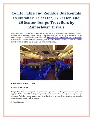 Reliable 13 Seater Bus Traveller on Rent in Mumbai for Comfortable Group Travel