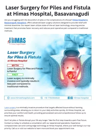 Laser Surgery for Piles and Fistula Himas Hospital