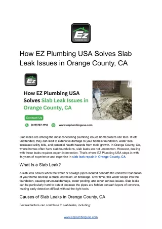 How EZ Plumbing USA Solves Slab Leak Issues in Orange County, CA