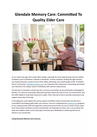 Glendale Memory Care- Committed To Quality Elder Care