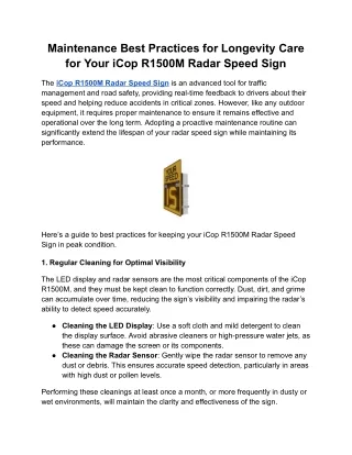 Maintenance Best Practices for Longevity Care for Your iCop R1500M Radar Speed __Sign