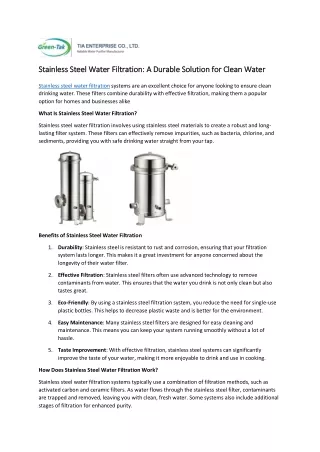 Stainless Steel Water Filtration: A Durable Solution for Clean Water