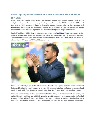 World Cup Popovic Takes Helm of Australia's National Team Ahead of FIFA 2026