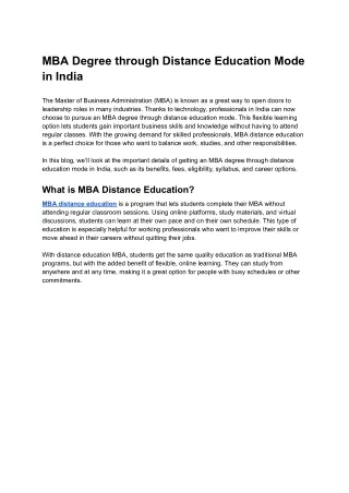 MBA Degree through Distance Education Mode in India