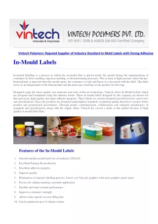 Vintech Polymers Reputed Supplier of Industry-Standard In-Mold Labels with Strong Adhesive