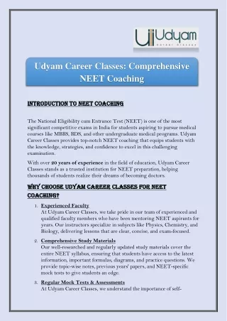 Udyam Career Classes Comprehensive NEET Coaching