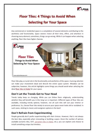 Floor Tiles 4 Things to Avoid When Selecting for Your Space