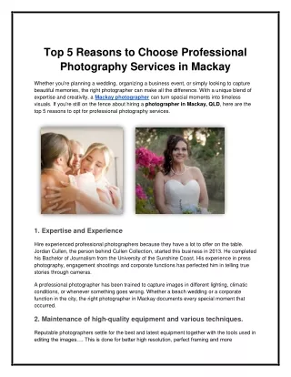 Top 5 Reasons to Choose Professional Photography Services in Mackay