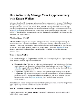 How to Securely Manage Your Cryptocurrency with Kaspa Wallets