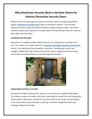 Why Aluminium Security Mesh is the Best Choice for Exterior Decorative Security Doors