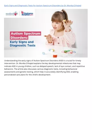 Early Signs and Diagnostic Tests for Autism Spectrum Disorders by Dr. Monika Chhajed