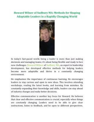 Howard Wilner of Sudbury MA: Methods for Shaping Adaptable Leaders in a Rapidly Changing World