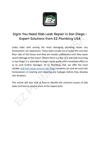 Signs You Need Slab Leak Repair in San Diego – Expert Solutions from EZ Plumbing USA