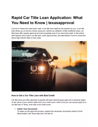 Rapid Car Title Loan Application: Get Fast Cash Nationwide | texasapproval