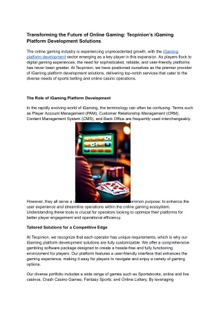 Transforming the Future of Online Gaming: Tecpinion’s iGaming Platform Developme